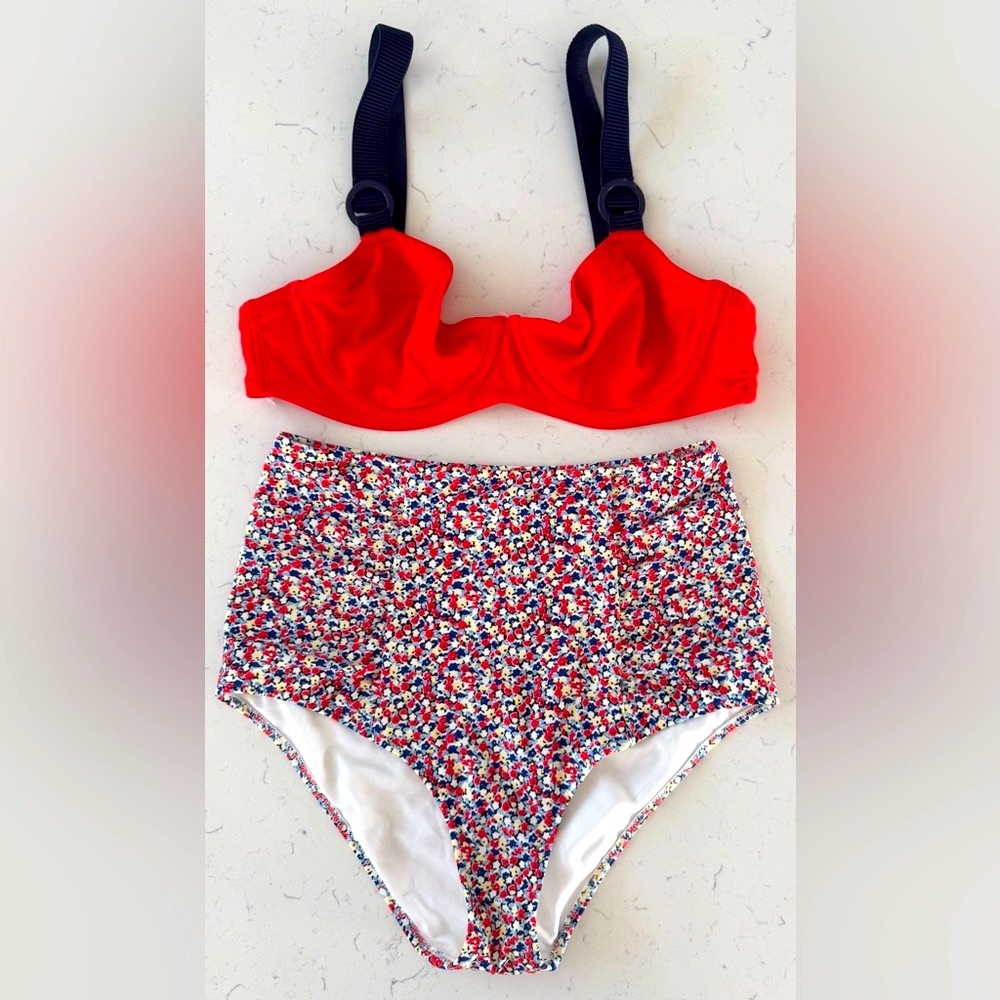 NWOT! Aerie high-waisted full coverage red and blue floral print bikini set
